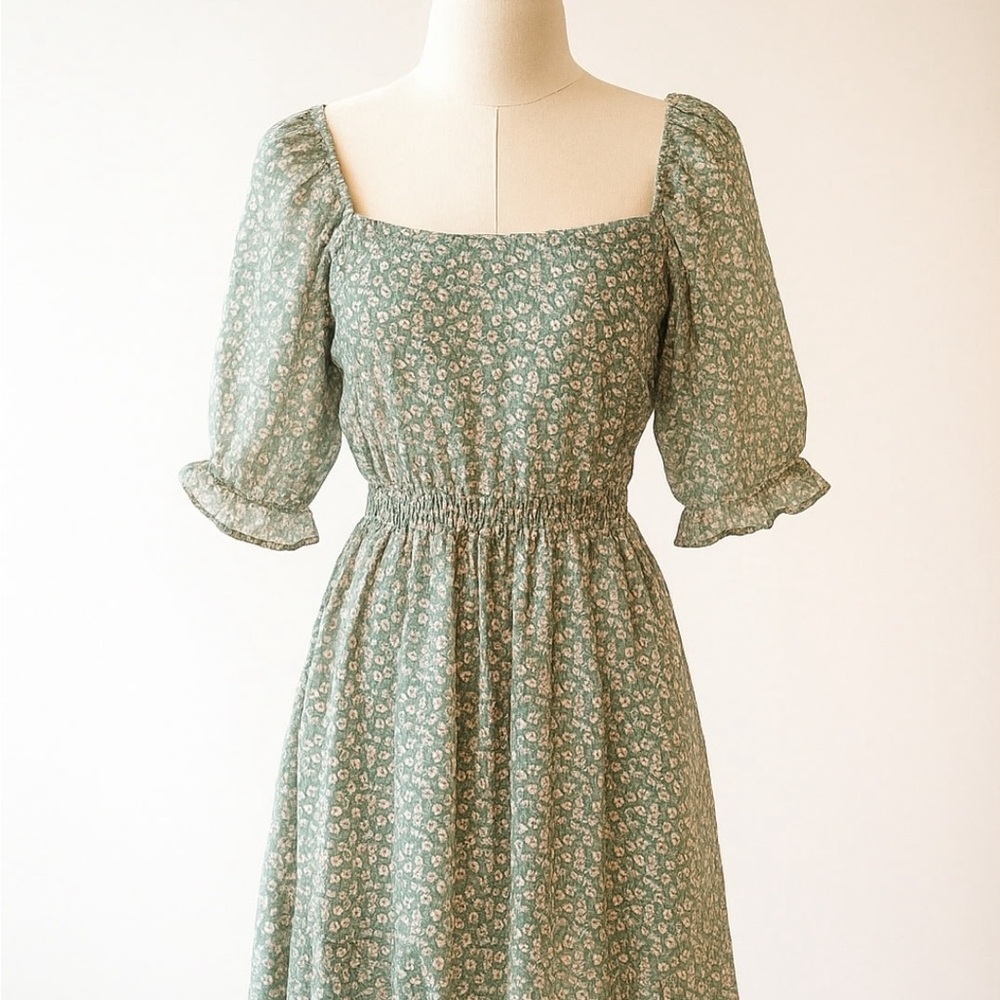 Francesca's Collections Green Puff Sleeve Sundress